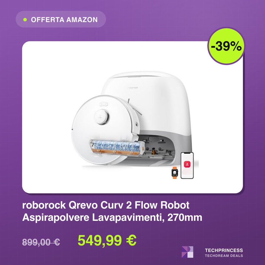 Un post del canale delle offerte: sfondo viola, un'etichetta con scritto offerta Amazon, un badge lime con lo sconto, la foto di un robot aspirapolvere, il nome e il prezzo vecchio e nuovo.