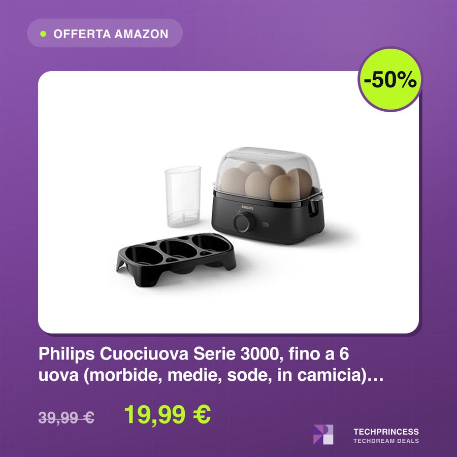 Un post del canale delle offerte con la foto di un cuociuova, lo sconto, il nome e i prezzi.
