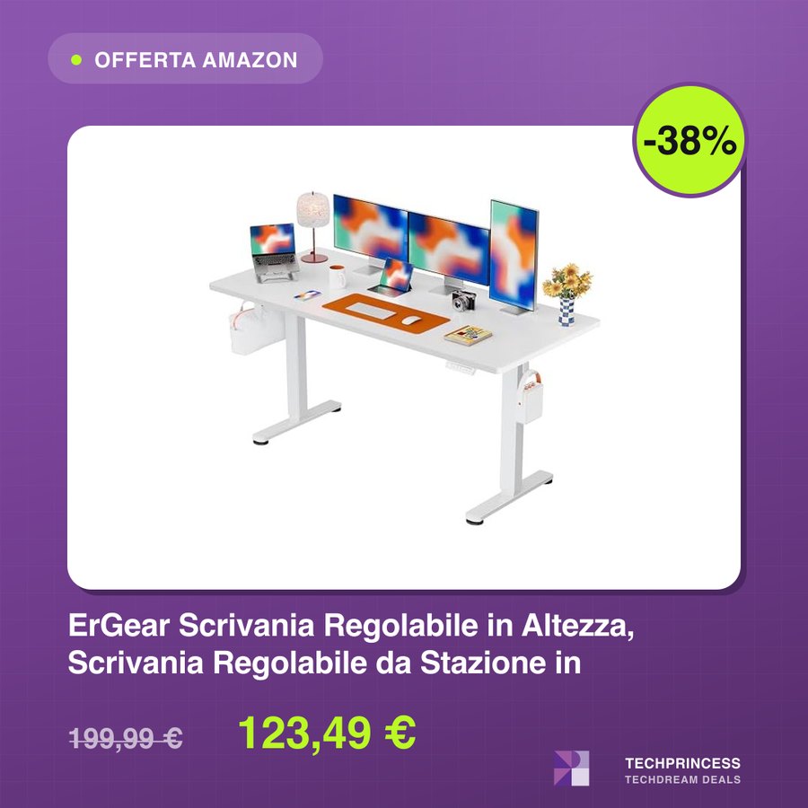 Un post del canale delle offerte con la foto di una scrivania regolabile in altezza, lo sconto, il nome e i prezzi.