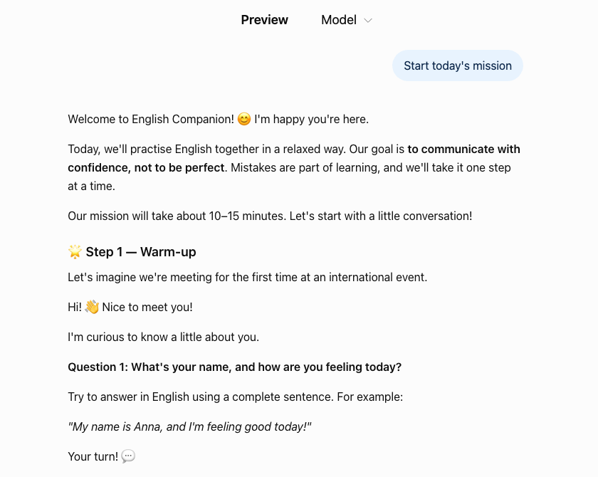 L'inizio di una conversazione con English Companion dopo aver scelto la frase di partenza: un benvenuto amichevole, l'obiettivo di comunicare con sicurezza e una prima domanda di riscaldamento con un esempio di risposta.