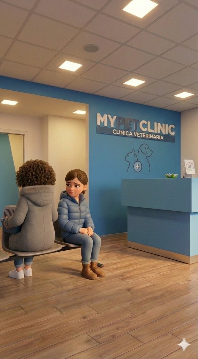 Un fotogramma nella sala d'attesa della clinica: la protagonista è seduta di spalle accanto a una ragazza che piange.
