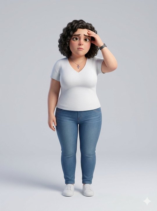 L'immagine di riferimento della protagonista, una donna con i capelli neri e ricci, una t-shirt bianca e i jeans, nello stile di un film d'animazione.