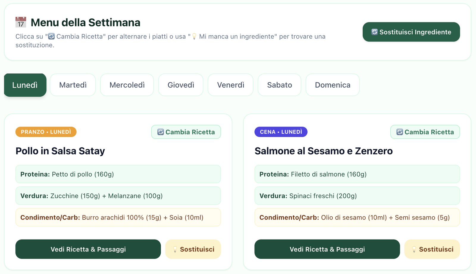 Il menu della settimana: i giorni da lunedì a domenica e, per lunedì, pranzo e cena con la proteina, la verdura e il condimento di ogni piatto, i pulsanti per cambiare ricetta o sostituire un ingrediente e quello per vedere la ricetta con i passaggi.